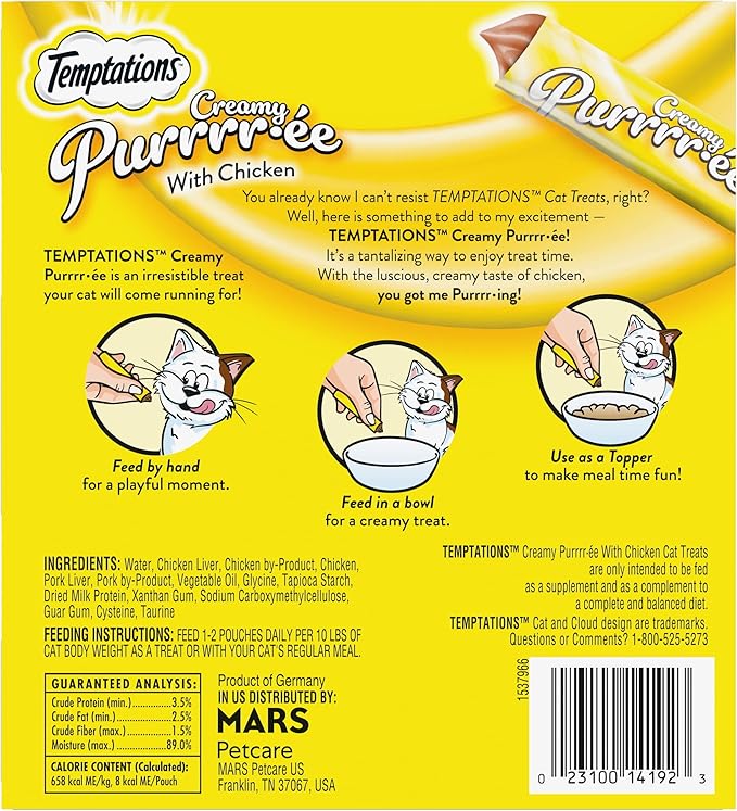 Temptations Creamy Puree Squeezable Lickable Wet Cat Treats with Chicken, 0.42 oz. Tubes, 24 Count