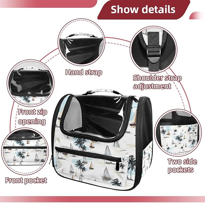 Coconut Palm Trees Sailboat Summer Beach Pet Travel Carrier Soft Sided Portable Bag for Cats, Small Dogs, Kittens or Puppies