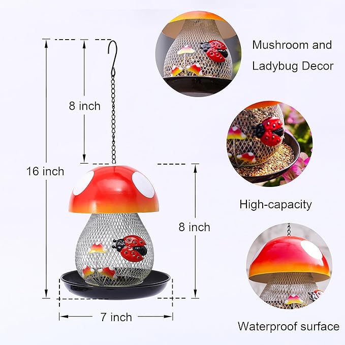 Mushroom & Ladybug Metal Bird Feeder - 16" Hanging Wild Bird Feeder with Decorative Accents, Large Capacity Outdoor Birdfeeder for Cardinals and Songbirds, Perfect Garden Gift
