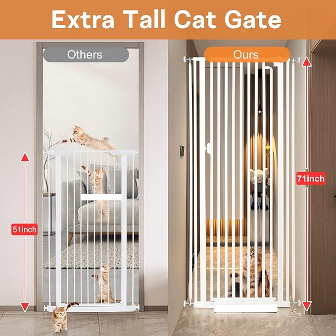 71“ Extra Tall Cat Gate for Doorway: 33.4-37.4” Wide Pet Gate, Auto Close/One Handed Open, 1.34” Extra Small Gap, No Drill Pressure Mount Tall Cat Gate for Interior Stairs/Kitchens/Hallways (White)