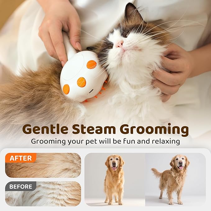 Steam Cat Brush, 6-in-1 Dog Brush Spritz Defur Comb with Pet Waterless Shampoo, Steamy Skin Friendly Deshedding Grooming Tool, Suitable for Shedding & Haired Pets, Pet Supplies Accessories, White