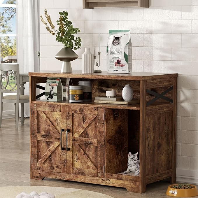Cat Litter Box Enclosure, Hidden Litter Box Furniture with Scratch Pad, Farmhouse Indoor Cat House Washroom End Table, Rustic Brown