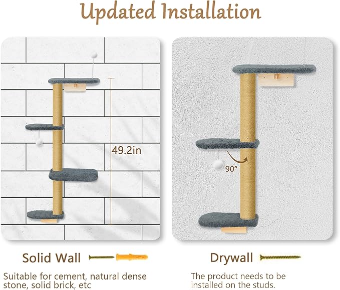 Wall Mounted Cat Wall Shelves and Climbing Tree for Kittens, 4-Tier Adjustable Cat Furniture for Indoor Cats Under 30lbs, with Grey Plush Platforms