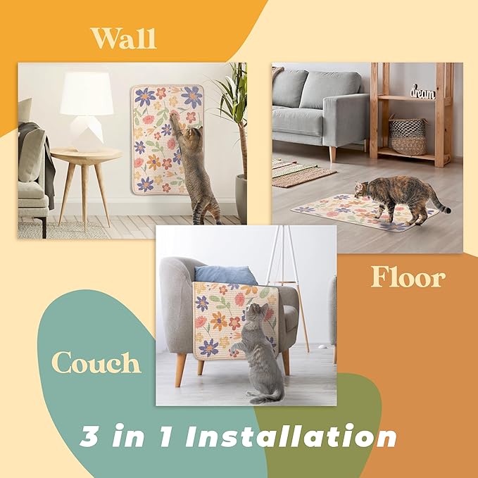 SCRATCHABLE Sisal Cat Scratcher, [+ Catnip Fish Toy], Wall Scratcher, Couch Protector, Scratching Mat- 24 X 15.8 With 12 Adhesive Velcro Stripes (Floral)