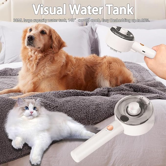 Cat Steam Brush For Shedding, Steamy Dog Grooming Brush With 2-Speed Spray, Blue Light And Release Button, Rechargeable Water Pet Hair Brushes Wet Self Cleaning Cat Spa Brush Cat Comb (White)