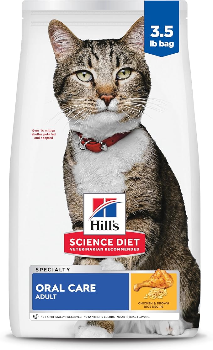 Hill's Science Diet Oral Care, Adult 1-6, Plaque & Tartar Buildup Support, Dry Cat Food, Chicken Recipe, 3.5 lb Bag