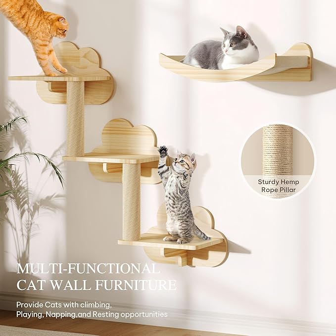 Cat Wall Shelves and Perches, Solid Wood Wall Mounted Cat Furniture, Set of 13 Cat Climbing Shelves with Moon Hammock, House, Wall Ladder, Scratching Post and Cat Tunnel