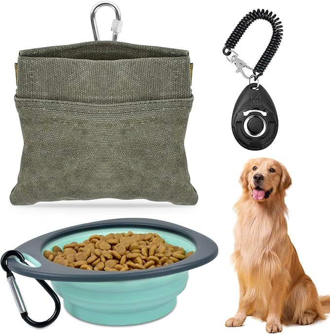 CONLI Dog Treat Pouch Set Portable Dog Training Treat Pouch with Folding Bowl and Training Clicker, Auto Closing Pet Snack Reward Pocket Treat Pouches for Pet Training Walking