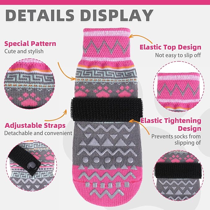 KOOLTAIL Dog Socks to Prevent Licking Paws for Hardwood Floors Anti Slip, Winter Warm Pet Boots&Paw Protector with Grippers, Double Sides Dog Shoes Booties for Small Medium Large Senior Dogs Pink M