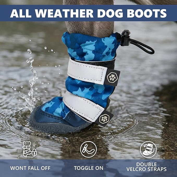 Spark Paws Dog Shoes, Waterproof Dog Boots for Medium to Large Dogs, Non Slip, Breathable Dog Booties and Paw Protectors - 4PCS Doggie Hiking Boots with Reflective Straps, Blue Camo, Size 1