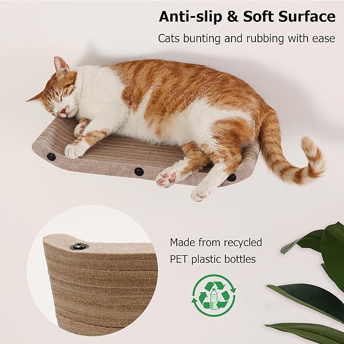Wall Mounted Cat Shelves and Perches,Scratchable Cat Beds & Furniture for Indoor Cats, Soft PET Felt Feline Climbing Wall Set, Modern Jungle Gym System for Lounging and Sleeping(Set of 4-Oatmeal)