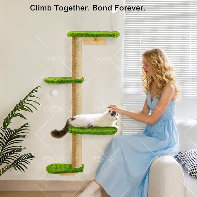 Cat Wall Climber and Floating Shelves, Wall Mounted Cat Tree for Kittens & Cats Up to 30lbs, 4-Tier Adjustable Design with Green Plush Pads
