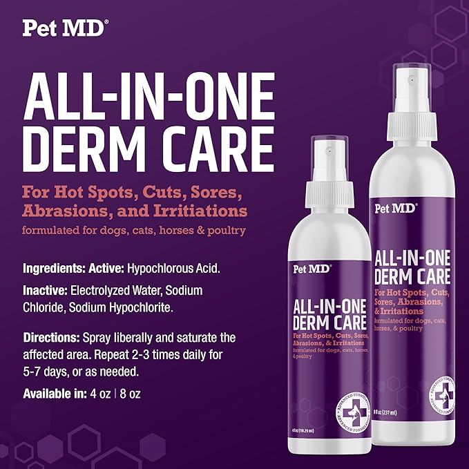 Pet MD All-in-One Derm Care - Hypochlorous Acid Spray for Dogs & All Pets - Skin Soother for Dogs & Wound Spray for Dogs - Cat Wound Care, Dog Hot Spot Remedy, & Dog Itch Relief - 8oz