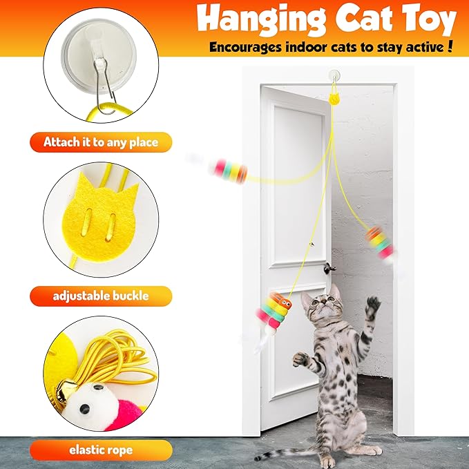Cat toy pack with 27PCS self play accessories for indoor cats-cat teaser wand, fishing pole, suction cup, ball, string, mouse, feathers and hanging interactive cat toys for kitten Exercise & Chase