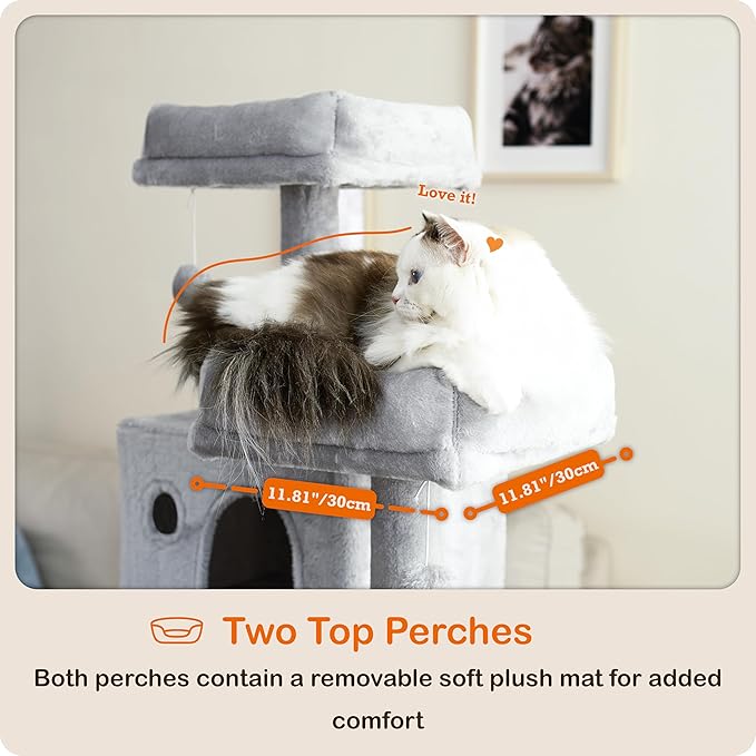 Ouritsu Cat Tree, 56 inch Tall Cat Tower for Large Cat Indoor, Large Condo, 2 Padded Perches, Steel-Framed Hammock, Scratching Post and ramp, Fluffy Basket, Light Gray, LF001GA