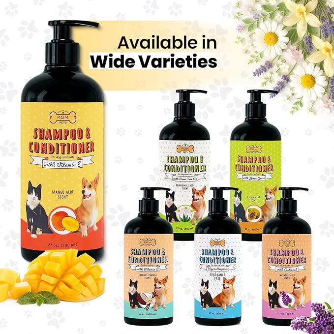 POM Pets 2-in-1 Organic Dog Shampoo & Conditioner – Itchy Skin Relief, Dog Deshedding, Detangles Fur, Cat Shampoo, Paw Cleaner for Dogs, Natural Coat Defense Formula