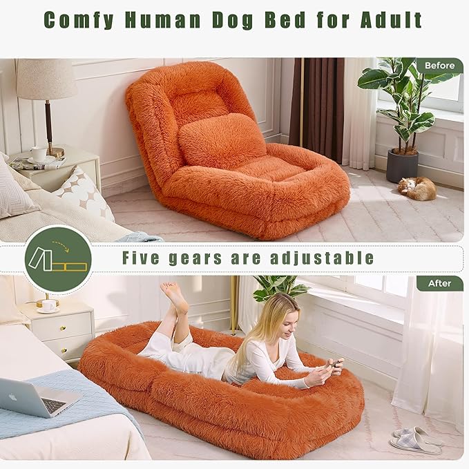 Orange Foldable Human Dog Bed - 69"x35"x12" Fits You & Pets with Comfy Pillow, Washable Faux Fur, Oversized Lounger Lazy Sofa Beds with 5 Adjustable Position