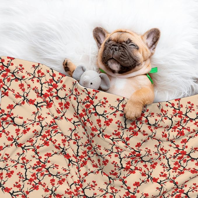 Double Sided Pet Throw for Dogs Who Shed, Blossom Japanese Cherry, Reversible Blanket with Nubby Dot Side Catches Loose Fur for Easier Furniture Cleanup