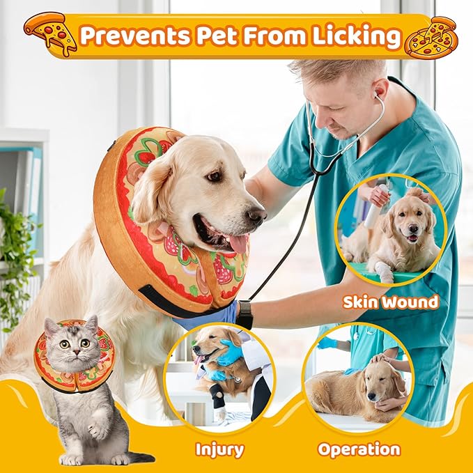 Grand Line Pizza Inflatable Collar for Dog and Cat, Soft Protective Recovery Cone After Surgery, Blow up Pet Donut Collar Cone, E-Collar Alternative Does not Block Vision (Cartoon,X-Large)