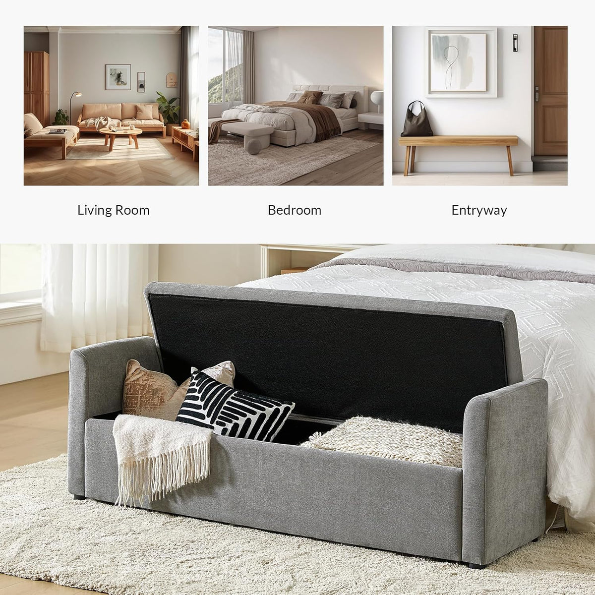 HULALA HOME Modern Storage Bench with Throw Pillows, 59.4" Extra Long Bedroom Ottoman Bench for End of Bed, Comfy Upholstered Footstool for Living Room Dining Room Entryway, Grey