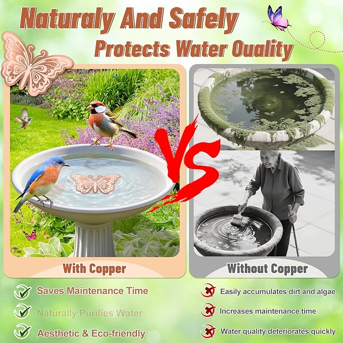 2Pcs Bird Bath Copper Disk, 0.6mm Reinforced 99.9% Pure Copper Cleaning Disk for Physical Clean Water, All-Season Use Cleaner for Outdoor Birdbaths Bowl Garden Fountain (Butterfly)