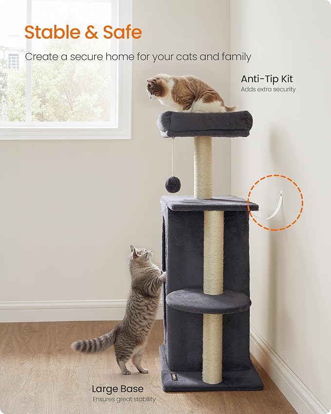 Feandrea Cat Tree Tower with 2 Caves for Multi-Cat Households, Kittens, Scratching Posts, Dark Gray UPCT005G02