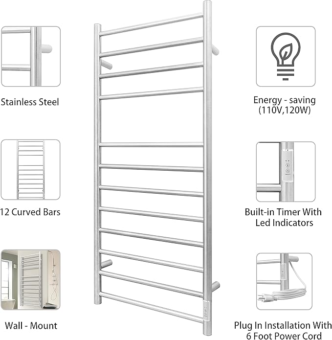 KEG Towel Warmer Wall Mounted with Built-in Timer 12 Bars Electric Stainless Steel Heated Towel Racks for Bathroom, Hot Plug-in Bath Towel Heater Brushed Nickel