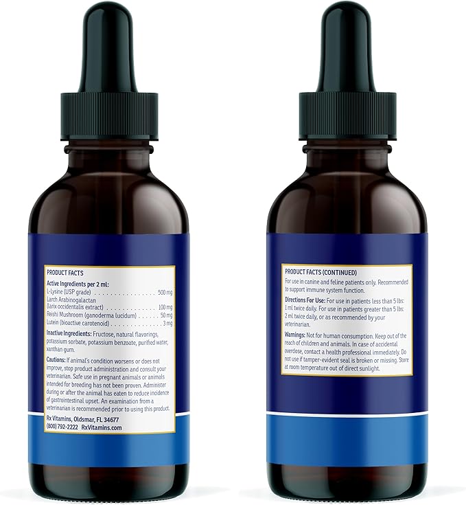 Rx Vitamins Liquid Immuno - with L-Lysine for Cats and Dog Health - Reishi Mushroom Supplement for Dogs & Cat Immune Support - Vitamins for Dogs and Dog Eye Supplements with Lutein - Chicken (2oz)