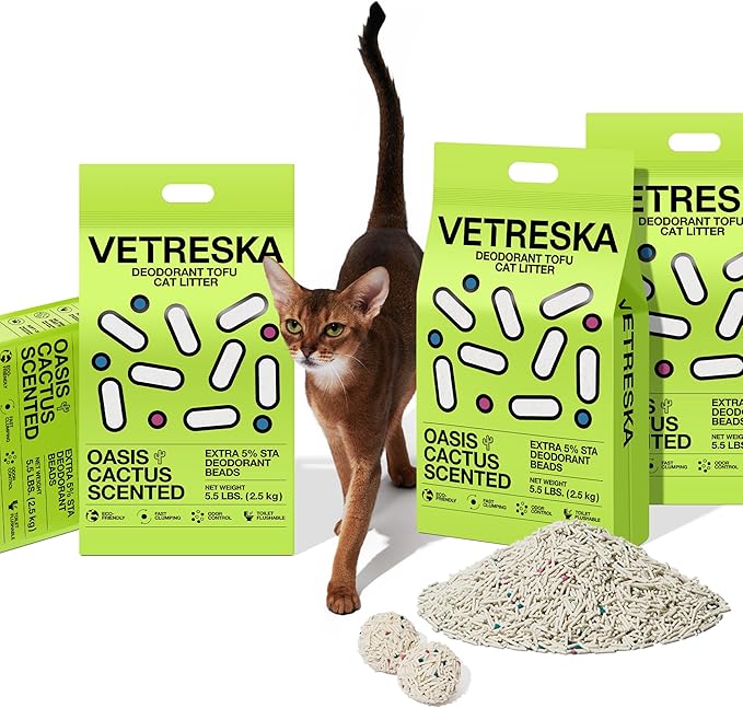 VETRESKA Tofu Cat Litter, Natural Strong Clumping Flushable Litter Pellets, Ultra Water Absorbent Deodorant Tofu Litter, Dust-Free Low Tracking Cat Litter, Cactus(5.5lb×4bags)