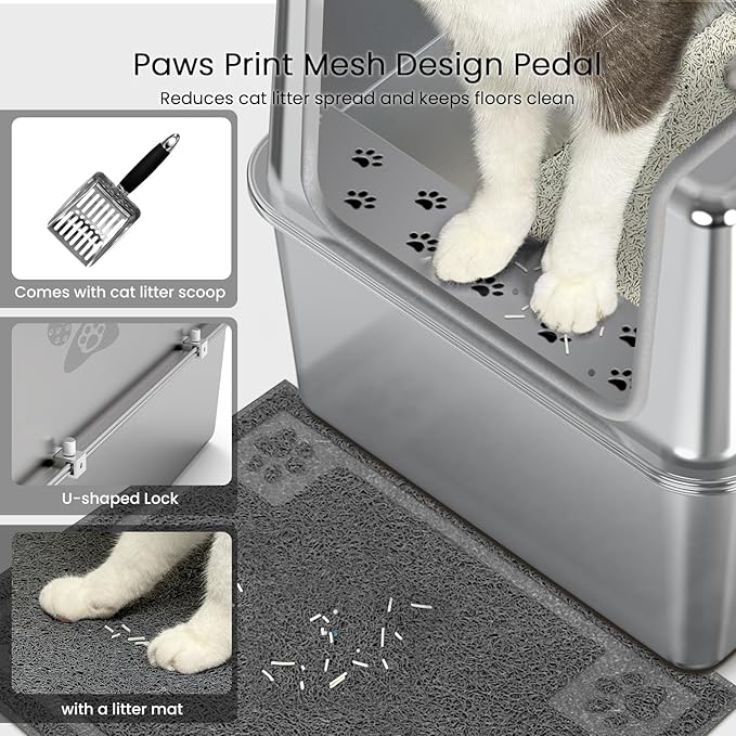 Enclosed Stainless Steel Cat Litter Box with Lid, Metal Litter Box for Big Cats, Extra Large Cat Toilet with High Side, Non-Stick, Anti-Leakage, Odorless, with Cats Litter Mat & Litter Scoop