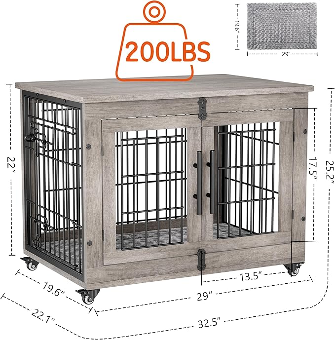 Lulive Dog Crate Furniture Set of 2, Dog Kennel Indoor Double Doors Wooden Dog Cage, 32'' Heavy Duty Dog Crate with Cushion & Wheels, End Table Pet House Chew-Resistant Up to 45 lb, Grey