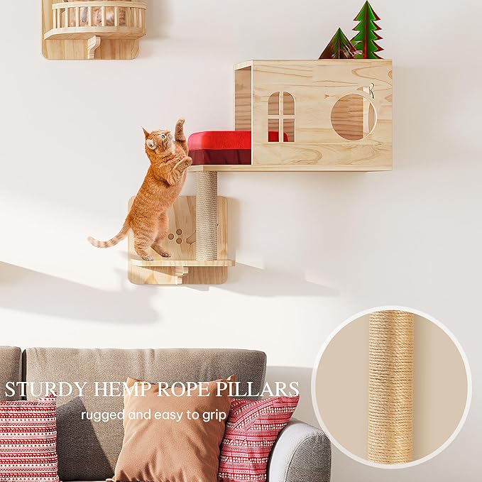 Cat Wall Shelves, Cat Wall Furniture Pine Wooden Feline Shelf, 16 Piece Shelves and Perches with Bowl, Warmer Mat, Condos, House, Steps and Cat Scratcher