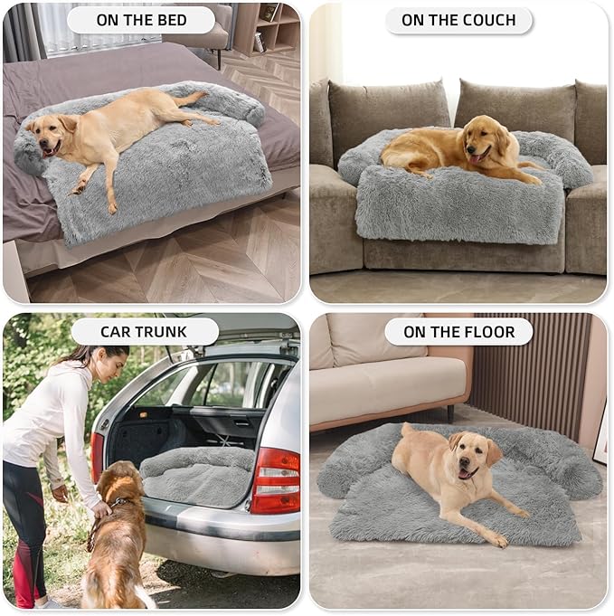 GGIB Calming Dog Bed Fluffy Plush Dog Mat for Furniture Protector with Removable Washable Cover for Large Medium Small Dogs and Cats (Extra Large (53x39.3x6), Grey)