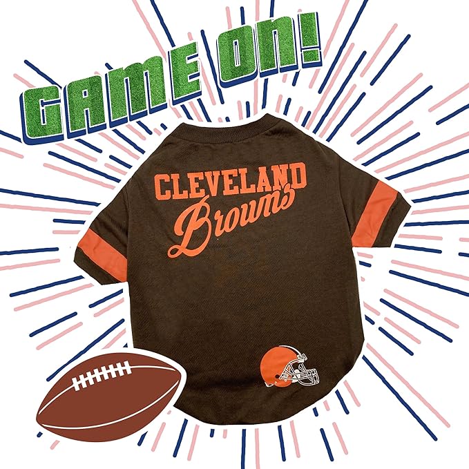 Pets First NFL Cleveland Browns Dog & Cat T-Shirt, Small. Football Pet Shirt with Team Name & Logo, Striped Sleeves, Poly-cotton Material, Brown, Unisex, Sports Fashion, Casual Wear