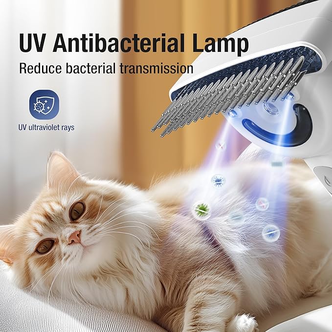 Pet Grooming Brush with Double-Sided Spray and UV Sterilization - 360° Rotating Round Needle, Depilatory Comb and Long Hair Brush, Waterproof, Rechargeable - For Long or Curly Haired Pets