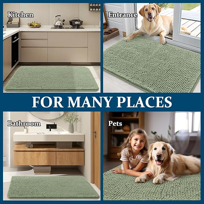 OLANLY Dog Door Mat Set 2-Piece 30x20, Absorbs Moisture and Dirt, Absorbent Non-Slip Washable Doormat, Quick Dry Chenille Mud Mat for Dogs, Entry Indoor Entryway Carpet for Inside Floor, Sage Green