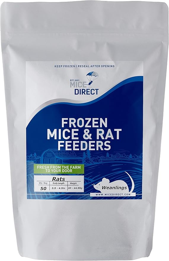 MiceDirect- 50 Rat Weanlings- Fresh Fast Frozen Food Feeders for SubAdult Ball Python Red Tail Boa Monitor Lizard Birds of Prey Pet Reptiles