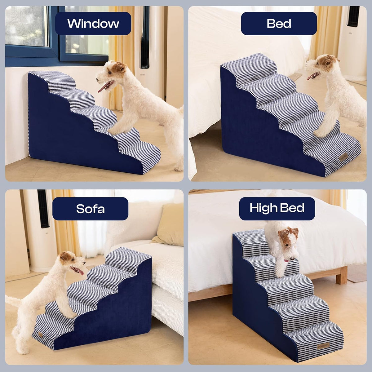 Curved Dog Stairs for High Bed Up to 26", 5-Step Dog Ramp for Small Dogs with Washable Cover, Non-Slip Steps for Cats to Get on Couch and Sofa, Durable Foam Ladder for Medium Breeds, White Navy