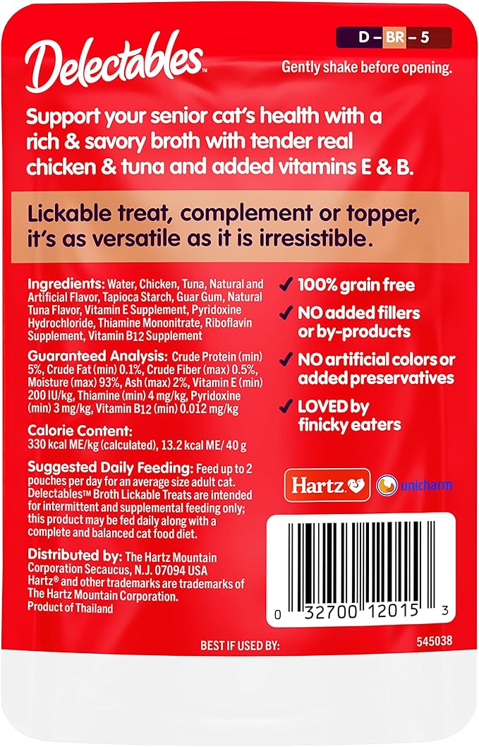 Hartz Delectables Savory Broths Senior 10+ Chicken & Tuna Lickable Cat Treat, 12 Pack