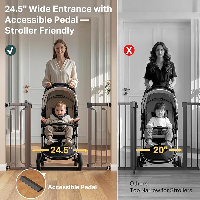 Cumbor 36.6-59" Extra Wide Baby Gate for Stairs, Pressure Mounted Dog Gate for Doorways, Auto-Close Easy Walk Through Safety Child Gate for Kids Toddler, Tall Pet Gates Indoor, Brown