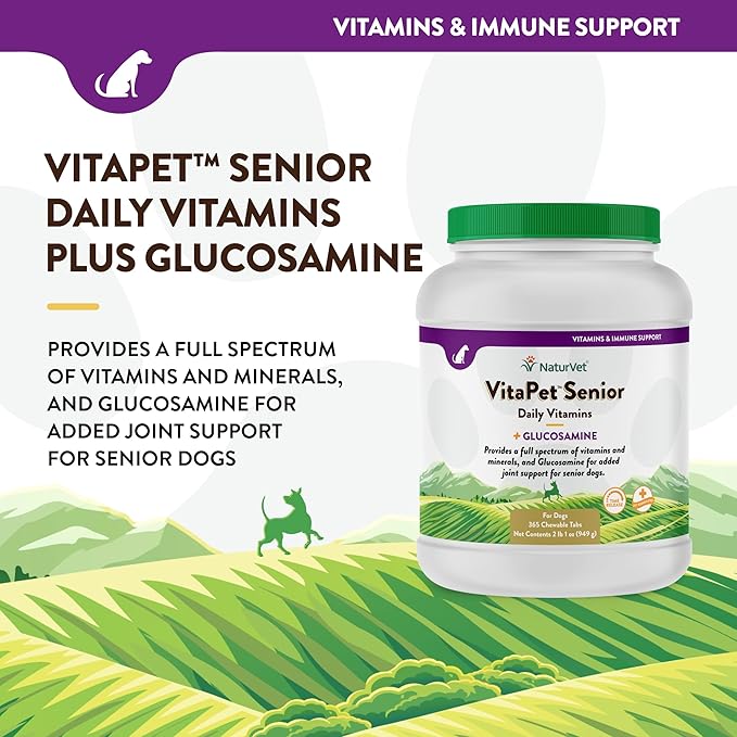 NaturVet –VitaPet Senior Daily Vitamins for Senior Dogs – Plus Glucosamine – Full Spectrum of Vitamins & Minerals – Enhanced with Glucosamine for Added Joint Support – 365 Time Release Tablets