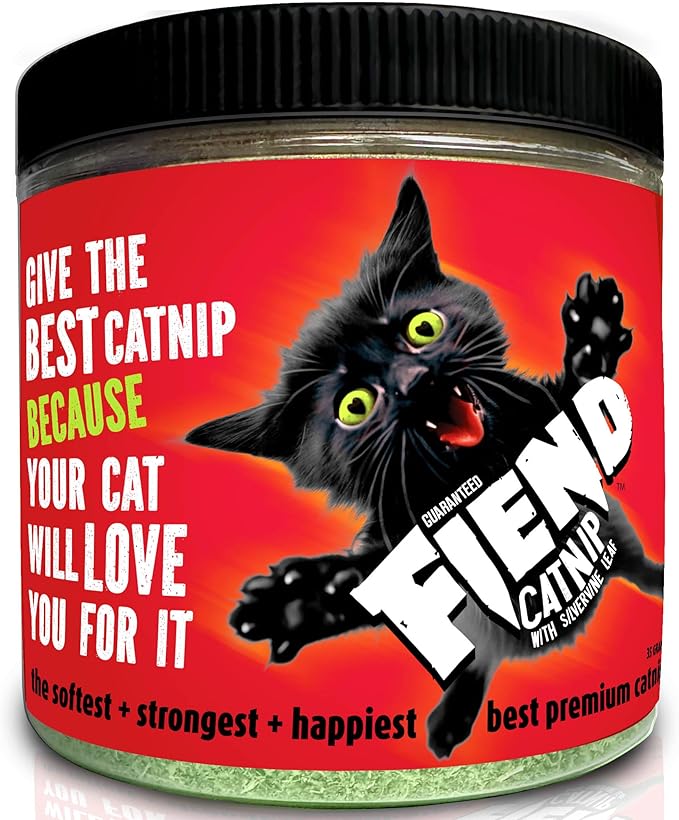 Fiend Catnip + Silvervine for Cats & Kittens Safety-Cut Premium Fine Cat Nip Blend with Vegan Silvervine + Sticker – Ultra Potent, North American – 1 Cup (34.5g) Go Ahead, Create a Monster!
