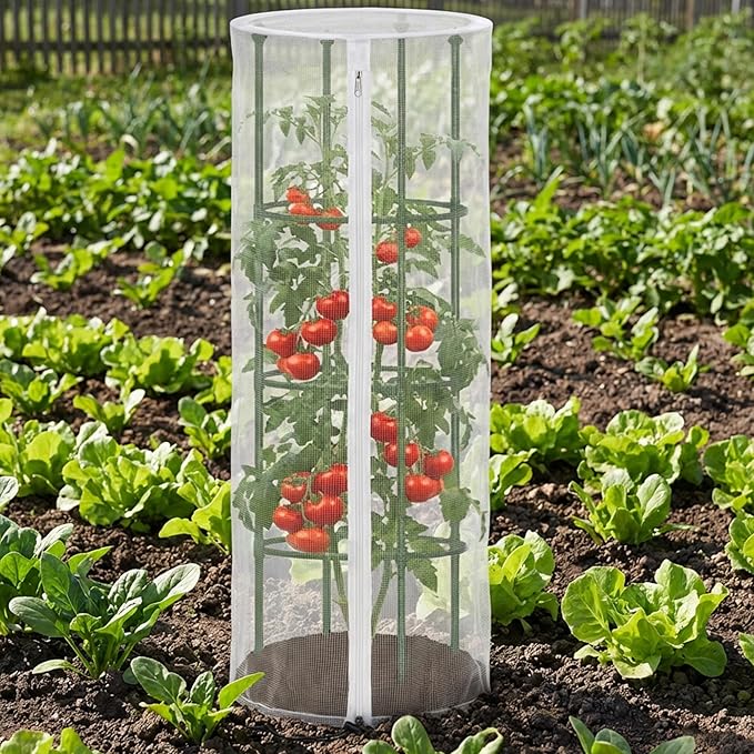 2 Pcs Garden Bird Netting for Round Plant Cage, 59" x 18" Tomato Cage Garden Net Cover with Zipper, Tomato Trellis Insect Bird Barrier Protection Mesh for Vertical Climbing Plants Vegetables Fruits