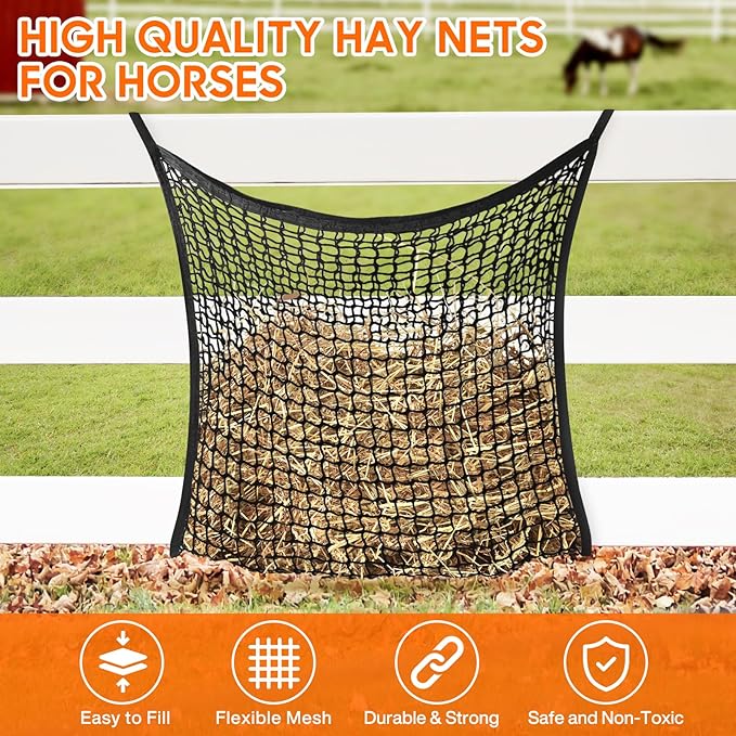 4 PCS Slow Feed Hay Net, Hay Bags for Horses with Large Capacity, Horse Feed Bag Easy to Hang, Hay Nets for Horses for Horse Feeder Full Day Feeding Horses Goat Stall Trailer (31.5" x 35.1")