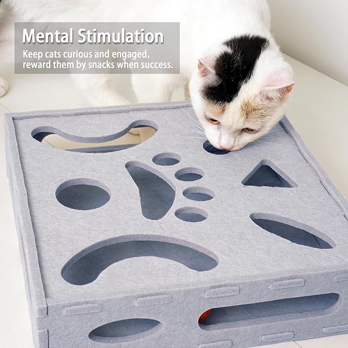 PETKARAY Felt Cat Puzzle Toy, Interactive Cat Toys for Indoor Cats, Interactive Maze for Kitten Felt Puzzle Box with Ball, Grey