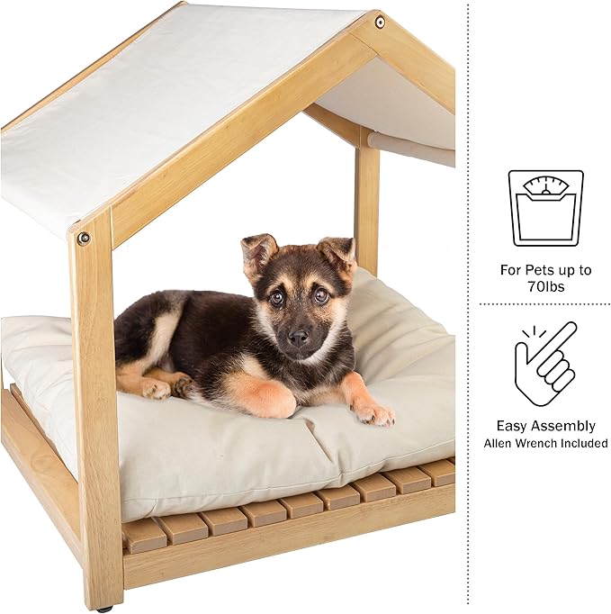 Dog House - 30x24-Inch Indoor Dog House with Soft Cushion and Adjustable Canopy - Wood Dog Furniture for Small to Medium Pets up to 70lbs by PETMAKER