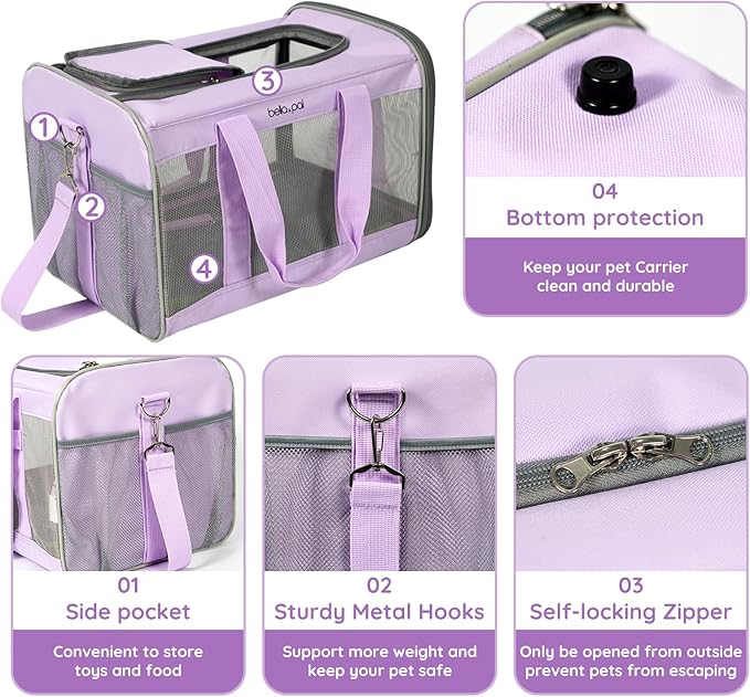 BELLA & PAL Cat Carrier Travel Bag, Airline Approved Lightweight Cat Carrier, Soft Sided Pet Carrier for Puppy Dogs Up to 18lbs, Collapsible Kitten Bag with Removable Waterproof Mat, Ventilated Mesh