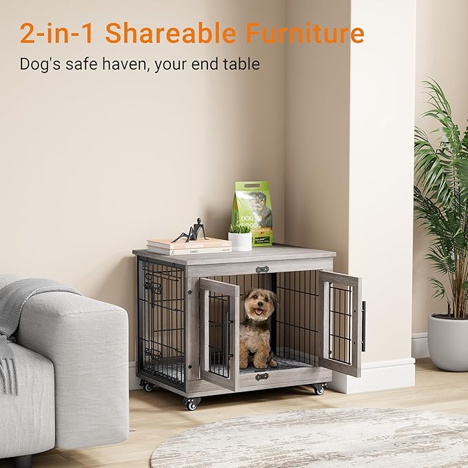 Lulive Small Dog Crate Furniture Set of 2, Dog Kennel Indoor Double Doors Wooden Dog Cage, 27'' Heavy Duty Dog Crate with Cushion & Wheels, End Table Pet House Chew-Resistant Up to 30 lb, Grey