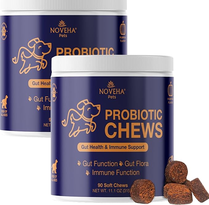NOVEHA Probiotic Chews for Dogs | Ultimate Gut Health & Digestive Support | for Healthy Skin & Coat | Relieves Itching & Paw Licking | Probiotics for Pet Dogs with Allergies (180 Chews 2-Pack)