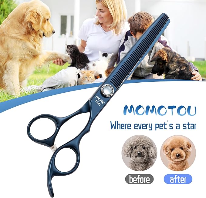 7 inch Matte Blue Thinning Dog Grooming Scissors Professional 440C Stainless Steel Dog Thinner Shears Smooth Cutting Comfortable Grip and Easy to Use for Groomers and Home Use